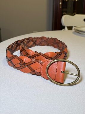 Loft Braided Genuine Leather Belt with Brass Circle Buckle